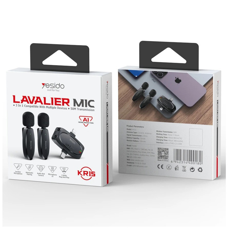 میکروفون یقه ای بی سیم دوتایی یسیدو KR15 Type-C / Lightning - 6