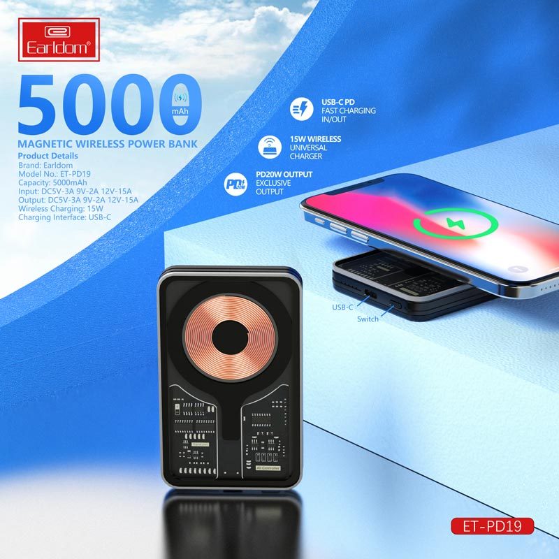 پاور بانک بی سیم فست شارژ ارلدام ET-PD19 QC PD 18W ظرفیت 5000 میلی آمپر ساعت - 5