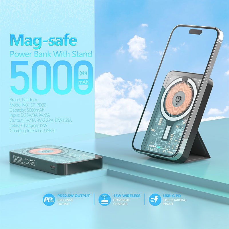 پاور بانک بی سیم فست شارژ ارلدام ET-PD32 QC PD 22.5W ظرفیت 5000 میلی آمپر ساعت - 8