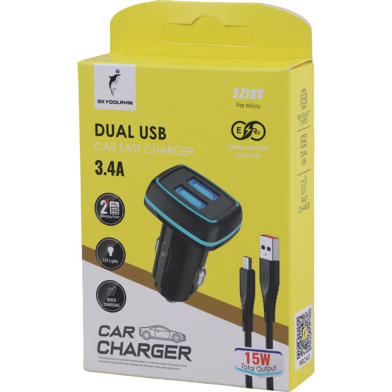 شارژر فندکی 15 وات اسکای دلفین SZ18V + کابل میکرو یو اس بی - 7