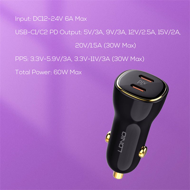 شارژر فندکی 30 وات الدینیو C104 + کابل تبدیل تایپ سی - 4