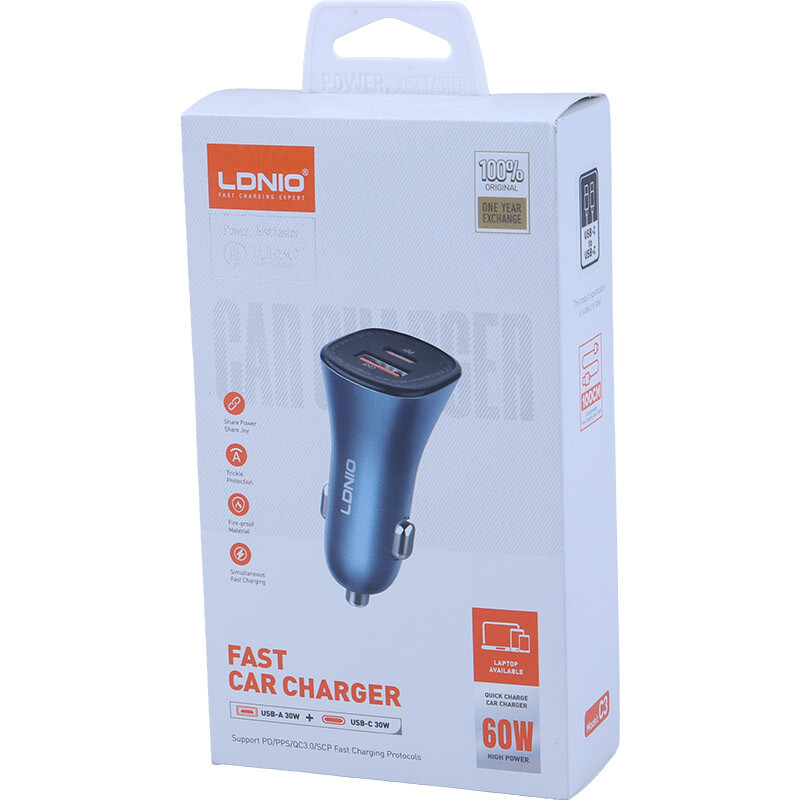 شارژر فندکی 60 وات الدینیو C3 + کابل تبدیل تایپ سی - 8