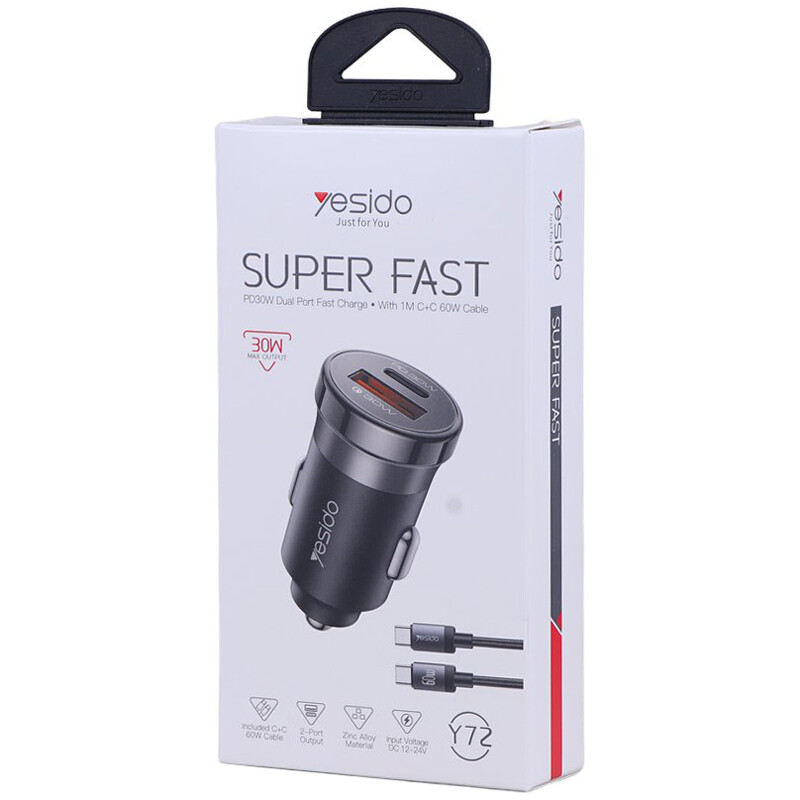 شارژر فندکی 30 وات یسیدو Y72 + کابل تایپ سی - 7