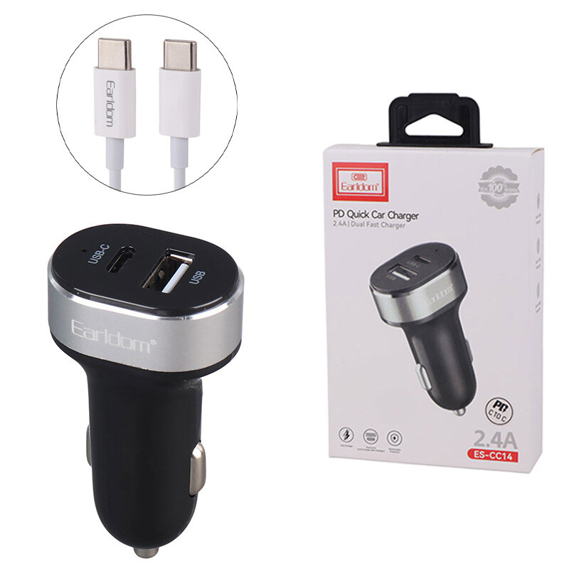 شارژر فندکی فست شارژ Earldom ES-CC14 2.4A QC3.0 PD 12W + کابل تبدیل تایپ سی